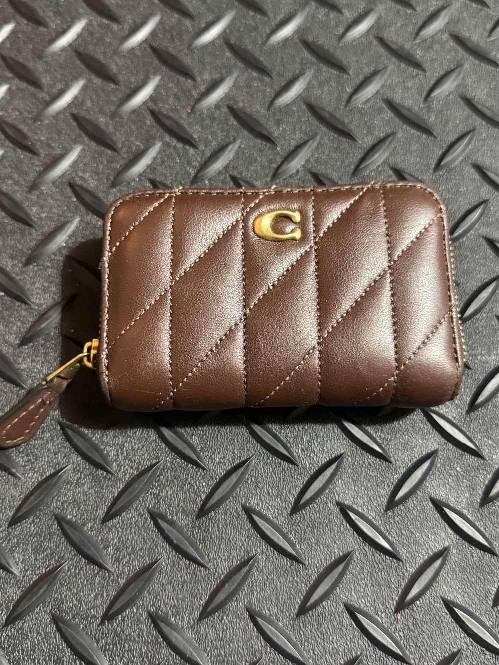 Coach Brown Quilted Leather Zip Card Holder with Gold 'C'